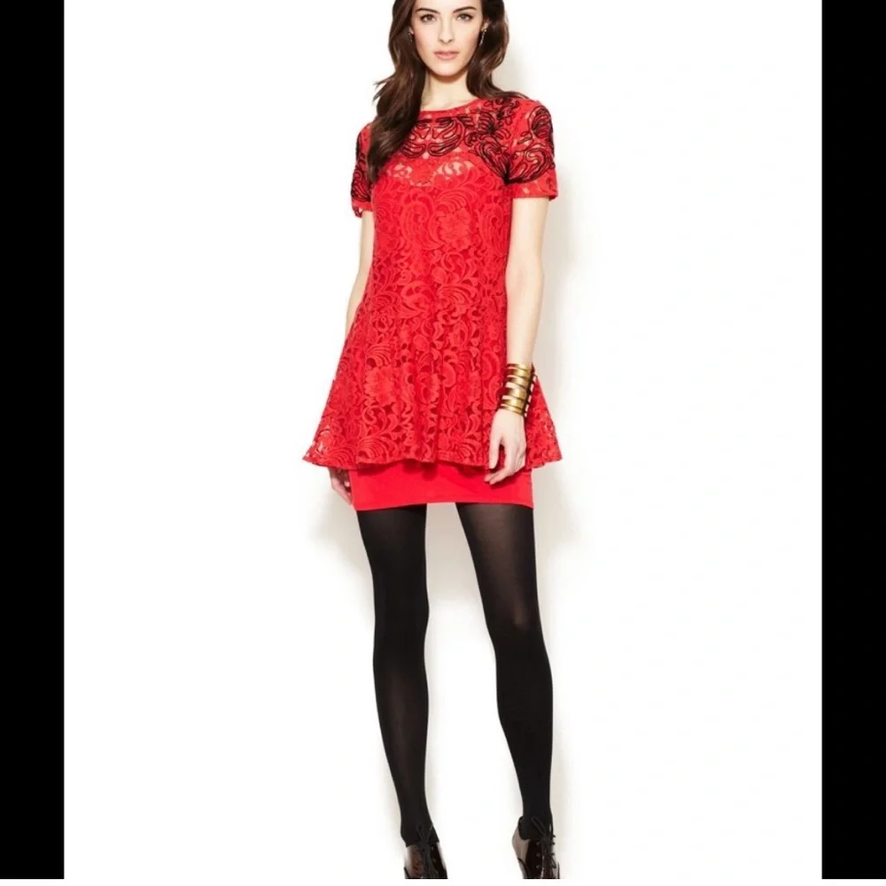 Free People‎ Lace Dreamer Dress Red black Embroidered Boho short sleeve
